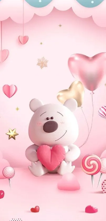 Cute bear holding heart with balloons and clouds.