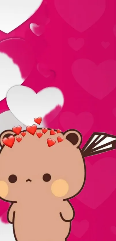 Cute bear with hearts on pink background, perfect for mobile wallpaper.