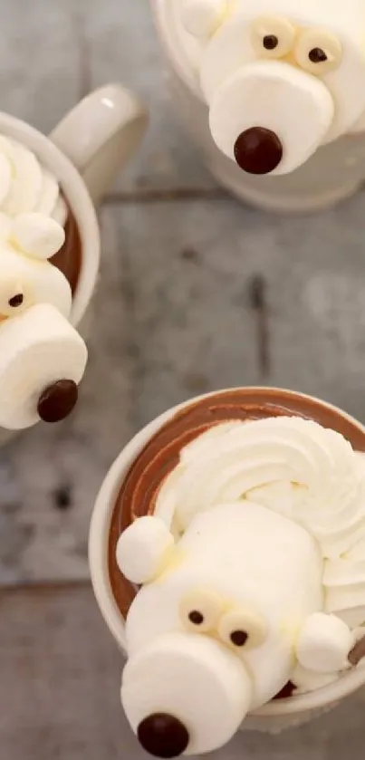 Adorable hot chocolate with bear-shaped marshmallow design in mugs.