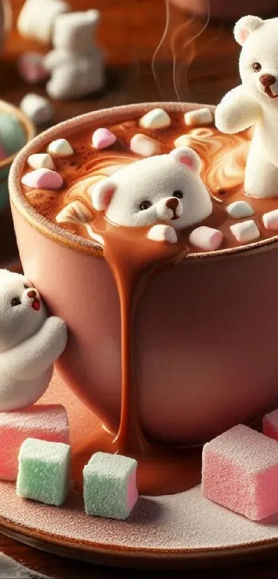 3D marshmallow bears in hot chocolate cup.