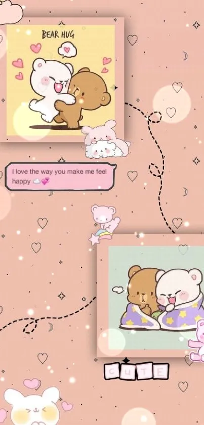 Cute cartoon bears hugging on a soft pink background with hearts and love notes.