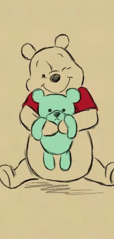 Cute cartoon bear hugging a smaller bear on beige background.