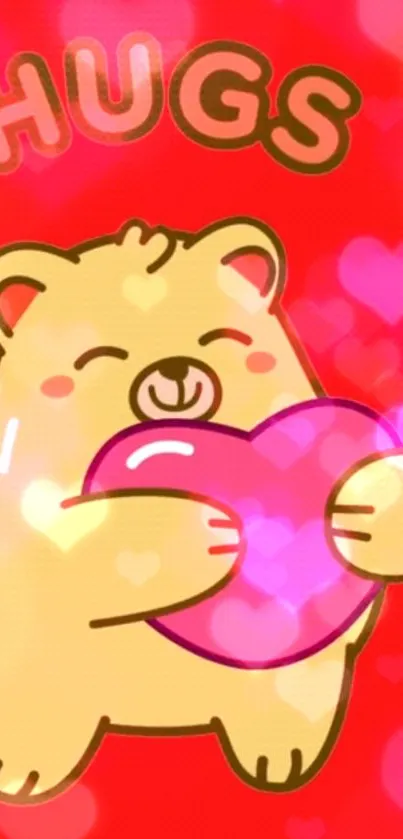 Cute cartoon bear holding a heart with a red background and pink hearts