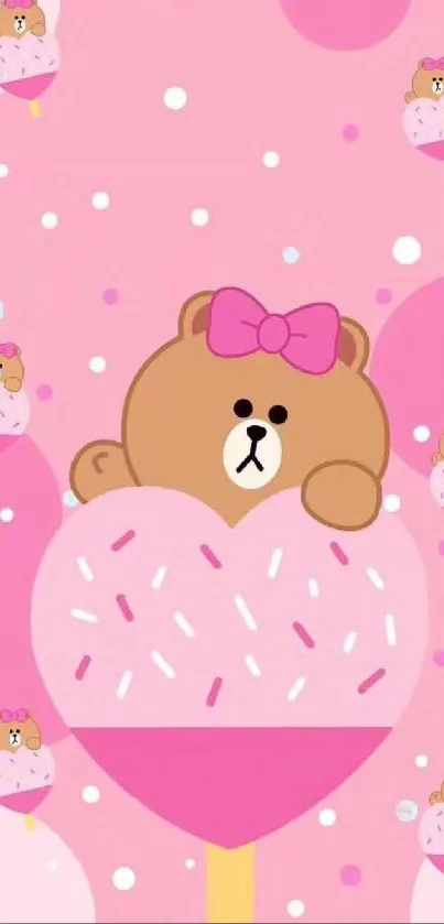 Cute bear on pink ice cream wallpaper with polka dots.