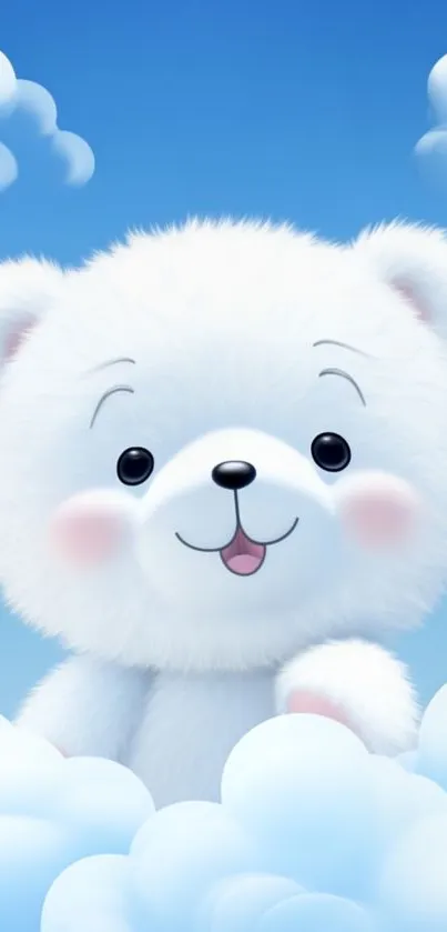 Cute cartoon bear nestled in fluffy clouds under a serene blue sky.