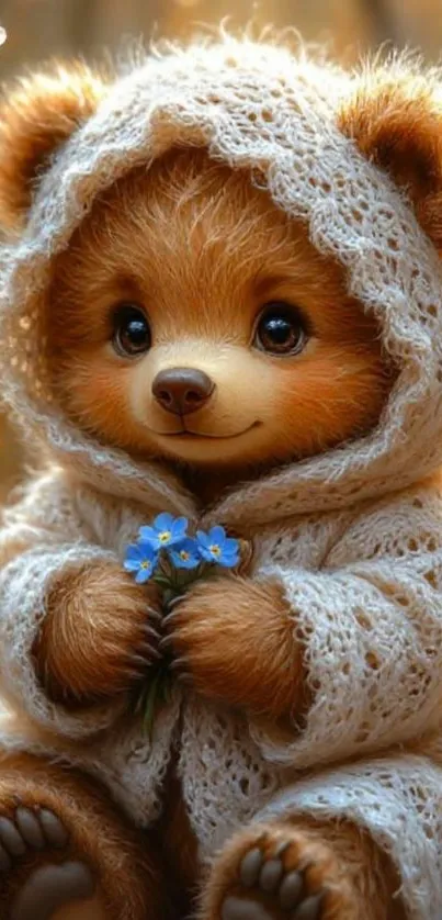 Adorable bear in a knitted hoodie holding blue flowers.