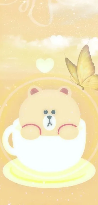 Cute bear in a cup with a butterfly on a light orange background.