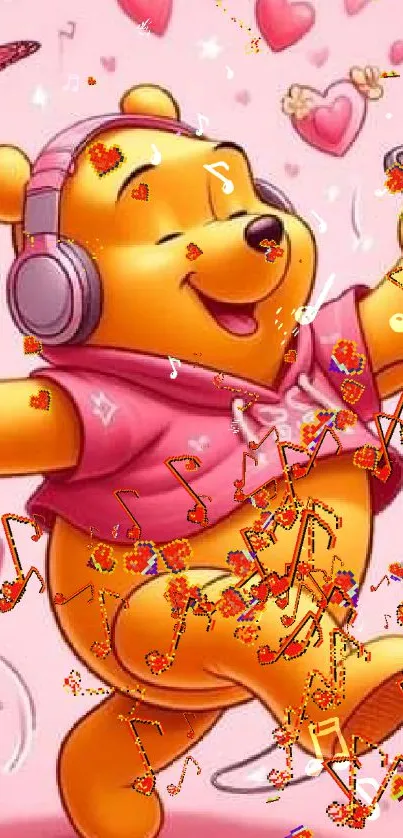 Cartoon bear wearing pink headphones dancing joyfully with hearts around.