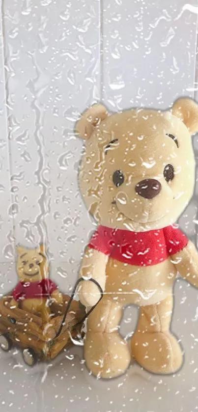 Cute plush bear with red shirt in rain effect wallpaper.