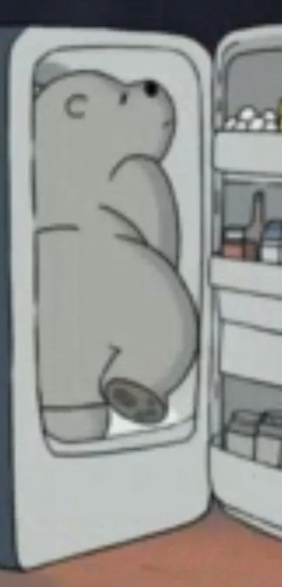 Cute cartoon bear standing inside a refrigerator with humorous expression.