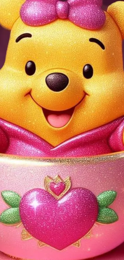 Cute yellow bear in a sparkling pink cup with glitter effect, perfect for wallpapers.