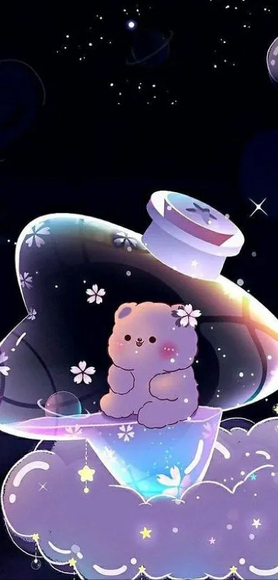 Cute bear sitting on clouds with starry sky background.