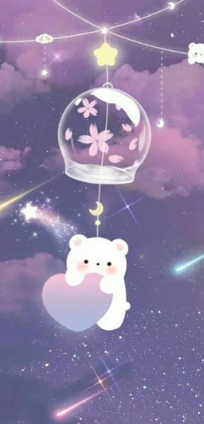 Cute bear with pastel heart in a starry violet sky.