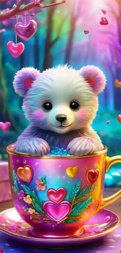 Adorable bear in a colorful teacup with hearts in a vibrant forest.