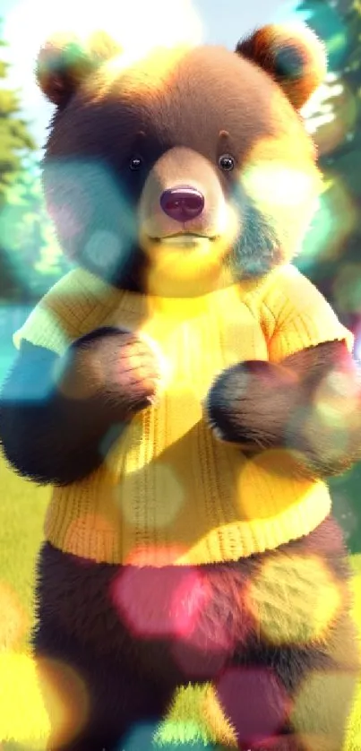 Cute bear in yellow sweater in a green forest background.