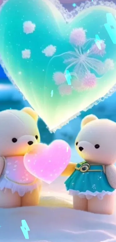 Two cute bears hold a glowing heart under a dreamy sky.