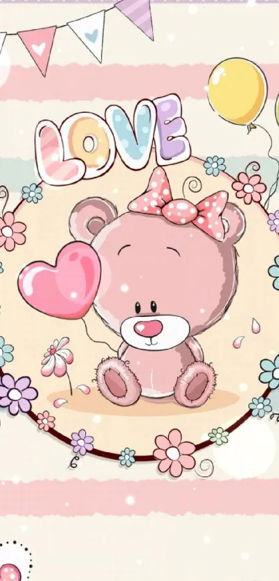 Cute bear with heart and balloons on a pastel wallpaper.