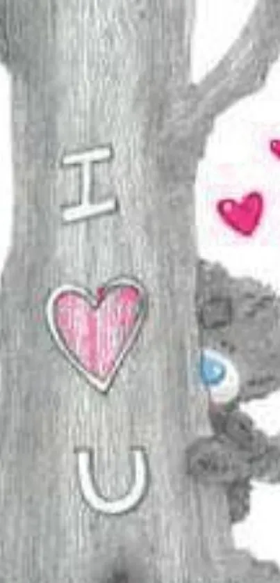 Cute gray bear peeks from behind a tree with I love U carved.