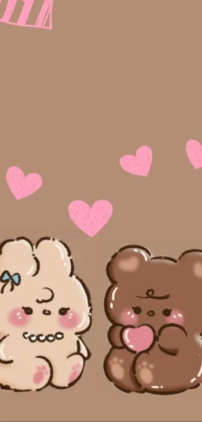 Cute bears with pink hearts on brown wallpaper.