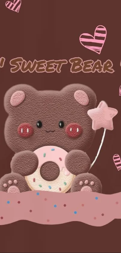 Cute bear holding a doughnut with hearts and star wand on brown background.