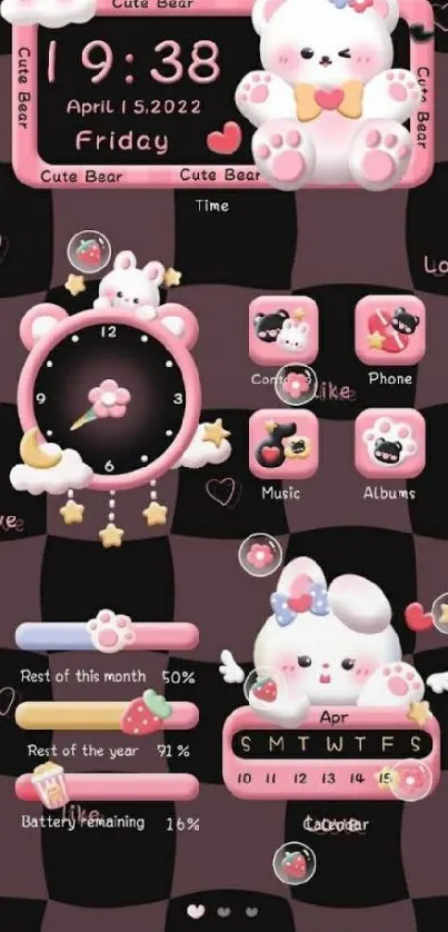 Cute bear-themed mobile wallpaper with pink accents and cartoon elements.