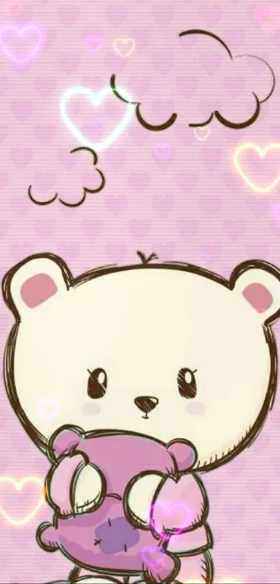 Adorable bear on pink heart background.