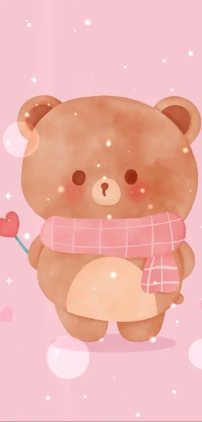 Adorable bear with scarf on pink background with hearts.