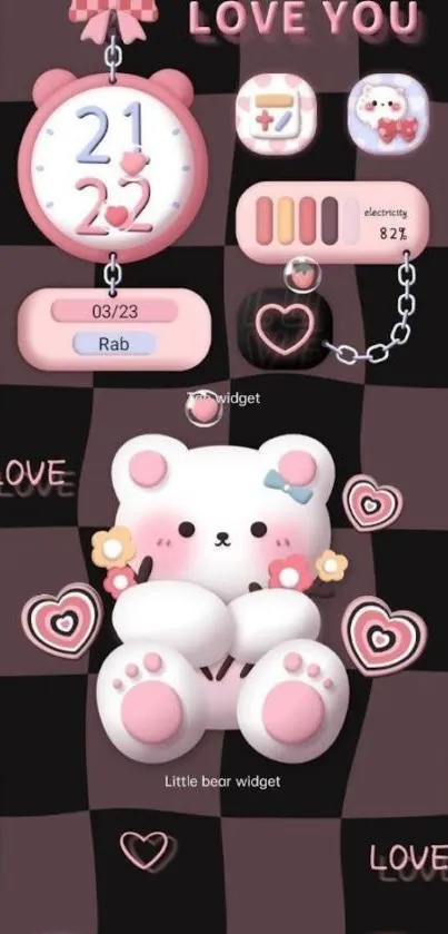 Cute bear mobile wallpaper with pink and black checkered design and heart widgets.