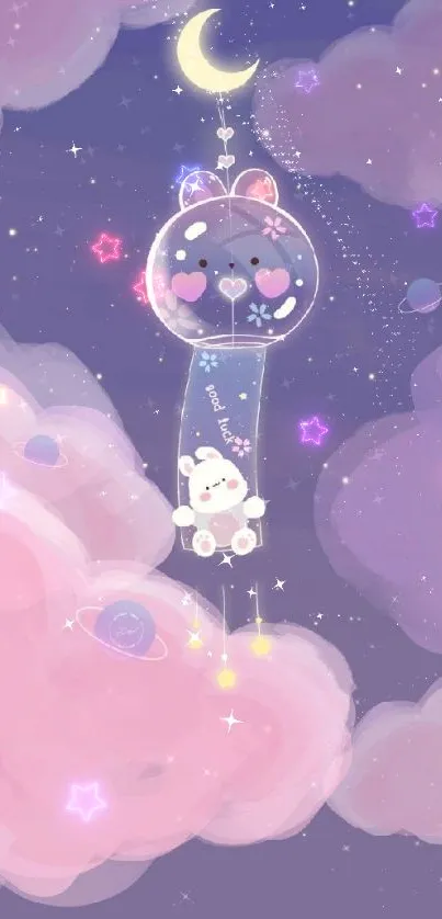 Cute bear with moon in pastel night sky wallpaper.