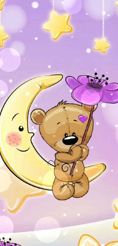 Cute bear on crescent moon with purple flowers wallpaper.