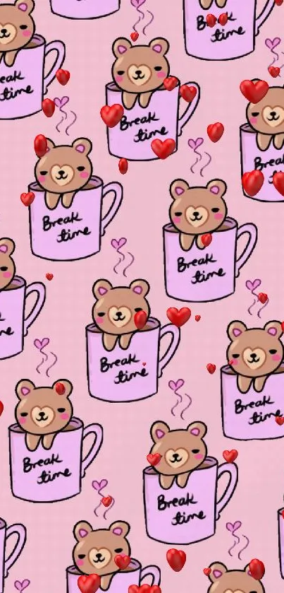 Cute bear mugs on pink wallpaper background.