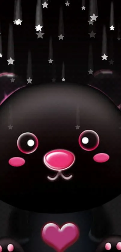 Cute black bear wallpaper with pink nose and stars.