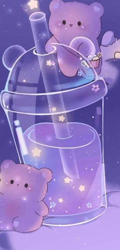 Cute kawaii bear-themed wallpaper with a purple night sky and soft pastel hues.