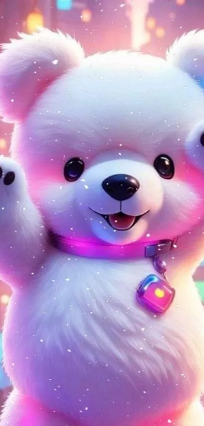 Cute fluffy bear with neon city background.