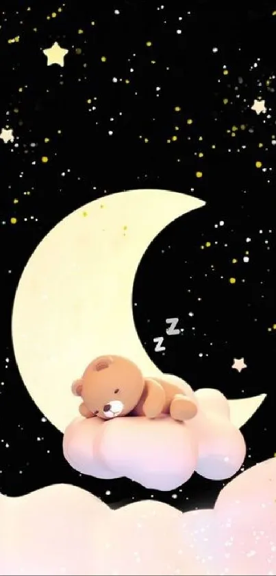 Cute wallpaper with bear sleeping on a cloud under the moon and stars.