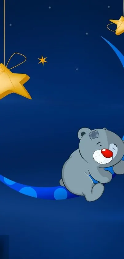 Cute bear on crescent moon with stars in the night sky wallpaper.