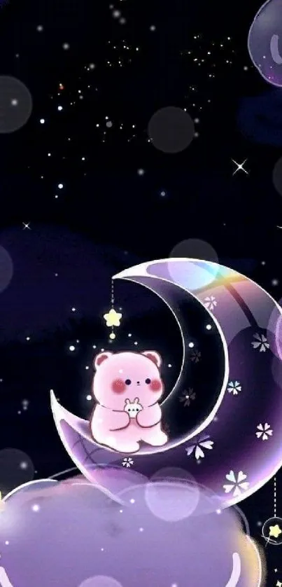 A cute bear sits on a crescent moon with stars around in this whimsical wallpaper.