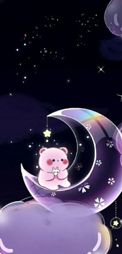 Cute bear on crescent moon with stars in dark purple sky.