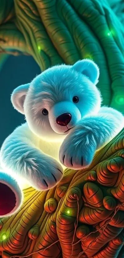 Plush bear resting on a glowing, vibrant tree branch in a magical setting.