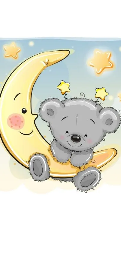 Cute bear sitting on a crescent moon with stars in a pastel night sky.