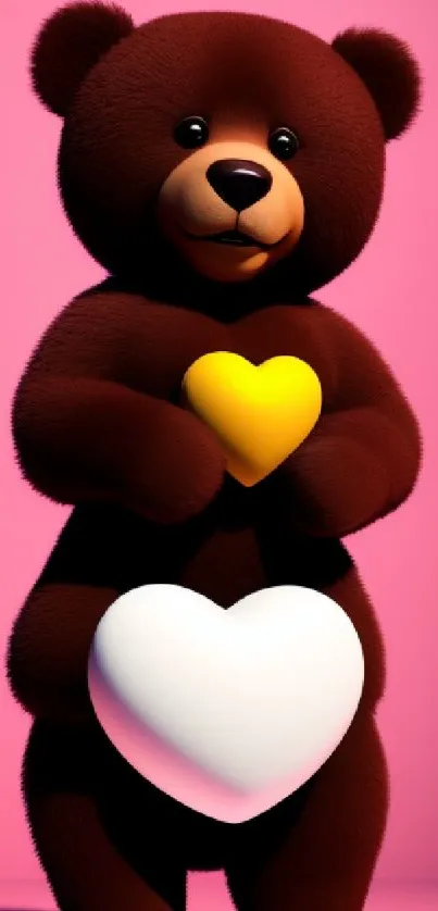 Cute brown bear holding hearts on a pink background mobile wallpaper.