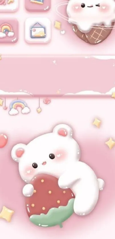 Adorable pastel wallpaper with a cute bear hugging a strawberry.