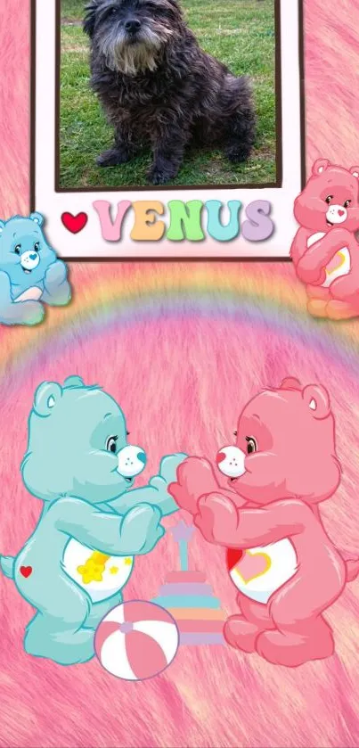 Charming pastel wallpaper with cute bears and a rainbow background.