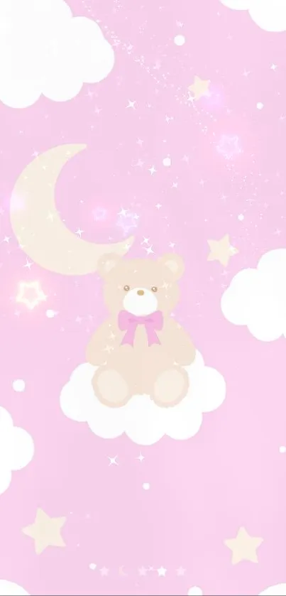 Pastel wallpaper with bear on cloud under crescent moon.