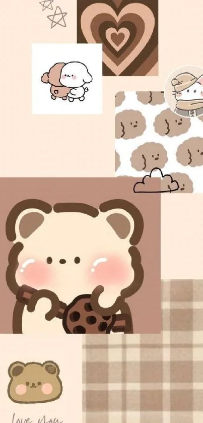 Cute pastel bear wallpaper with hearts and soft tones.