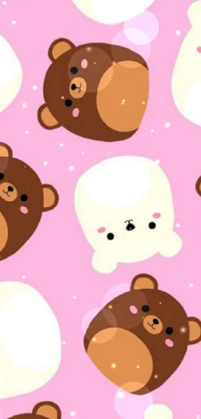 Cute cartoon bear pattern on a pink background.