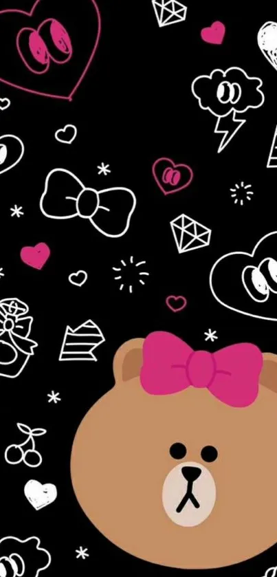 Cute bear with pink bow on doodle background wallpaper.