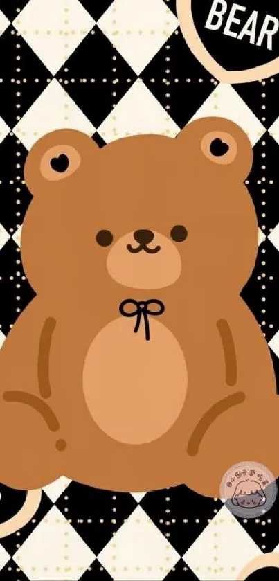 Cute cartoon bear on geometric pattern wallpaper.