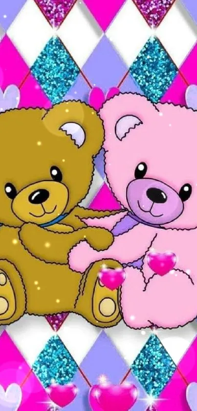 Cute bear wallpaper with hearts and colorful pattern.