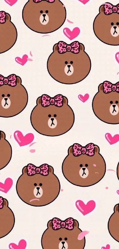 Cute bear pattern wallpaper with pink hearts and bows.